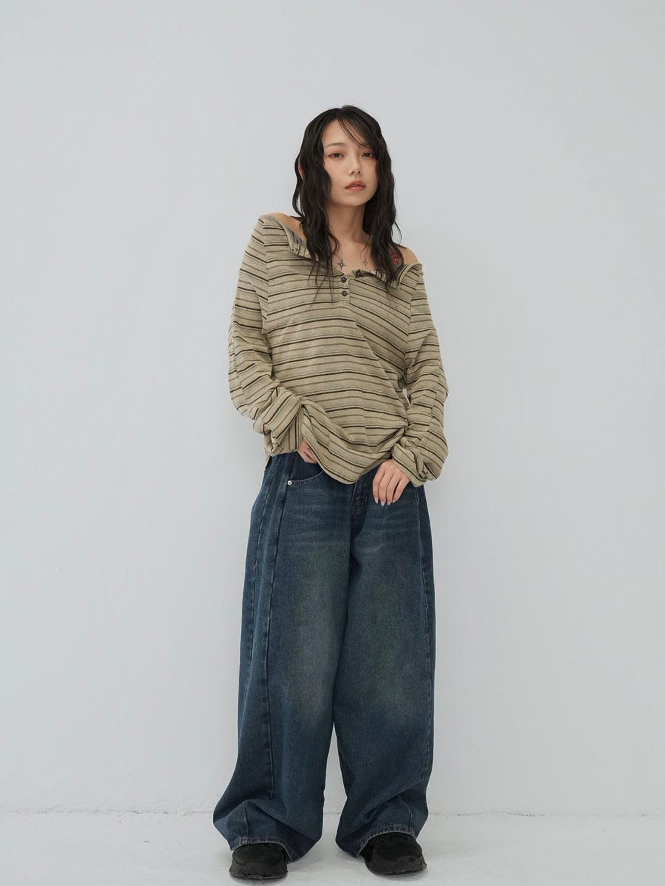 stripe button off shoulder t