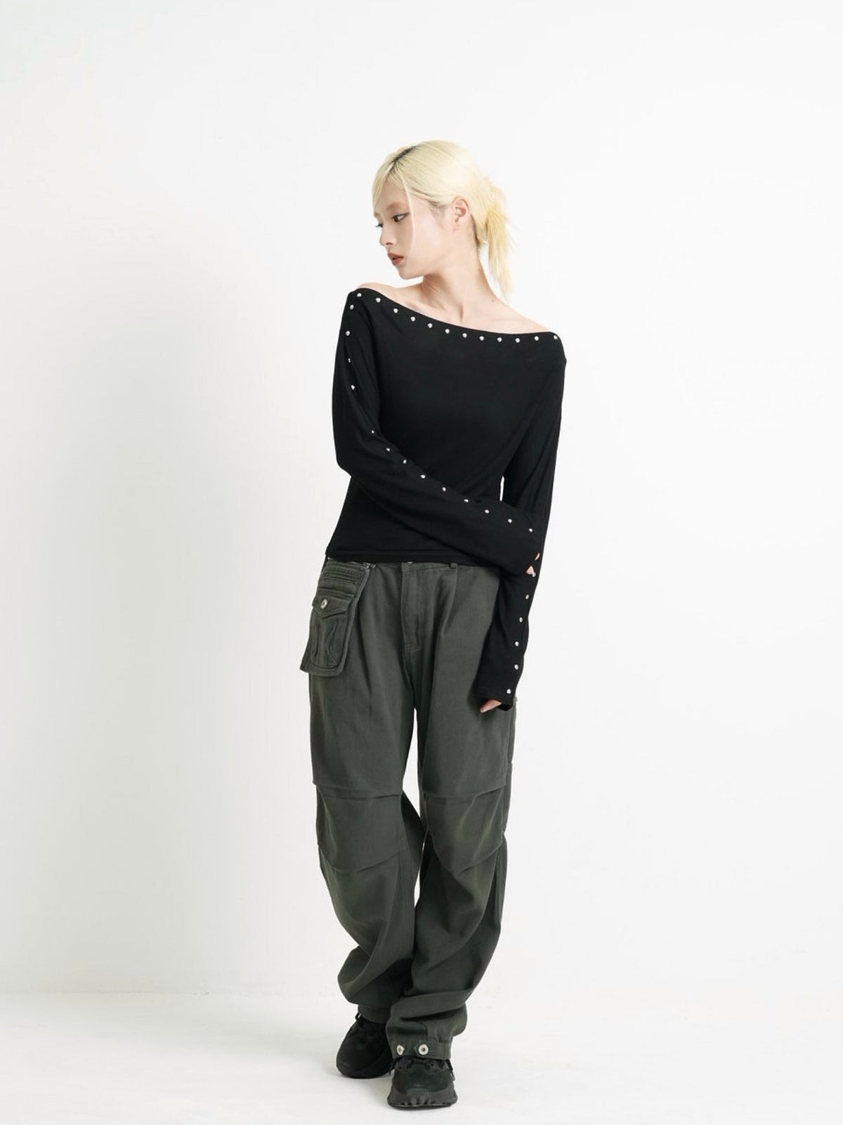 studs detail off shoulder tops