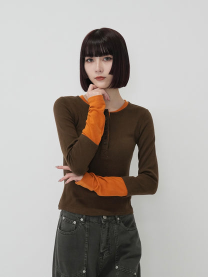 half button bicolor tops