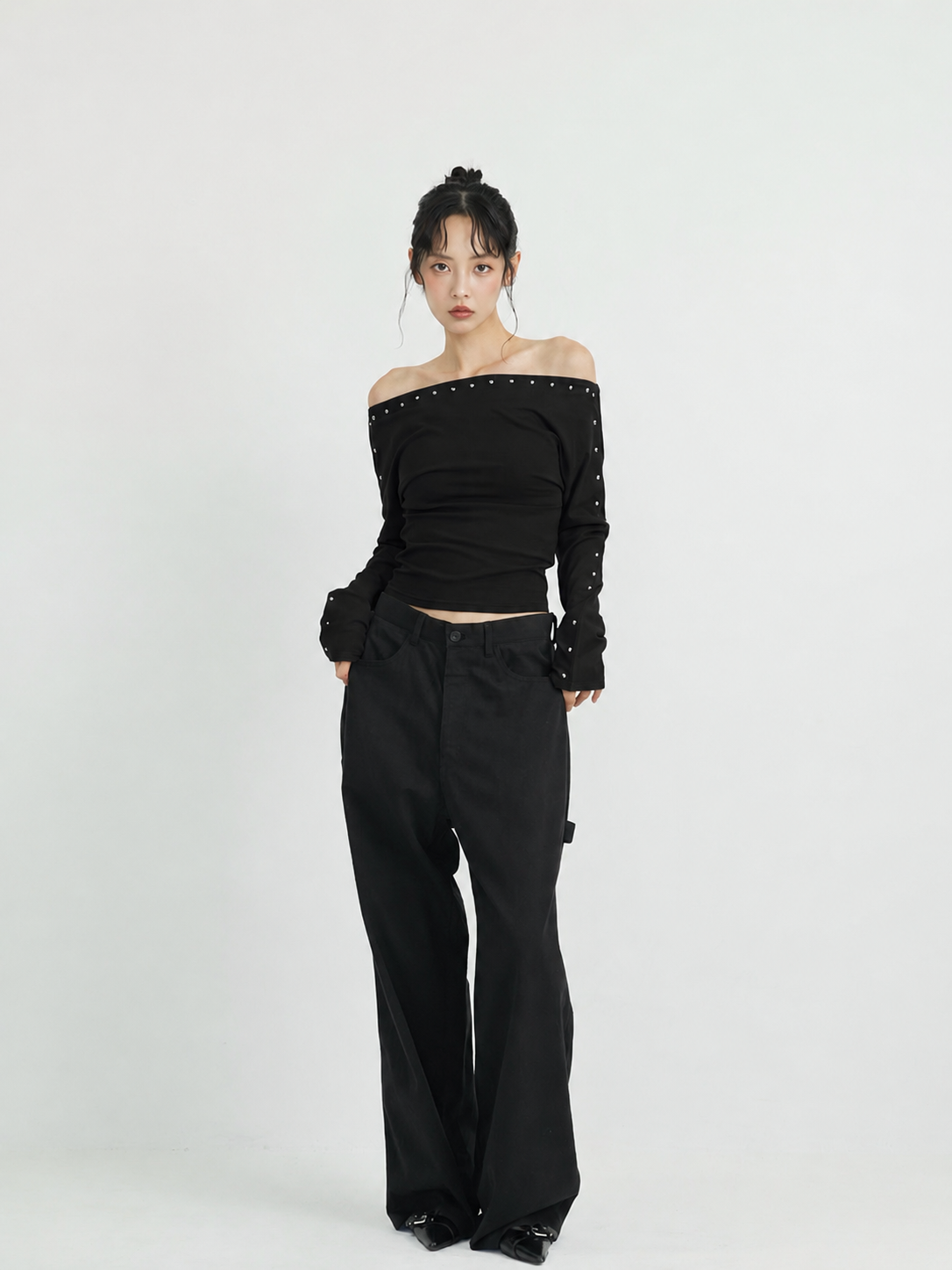 studs detail off shoulder tops