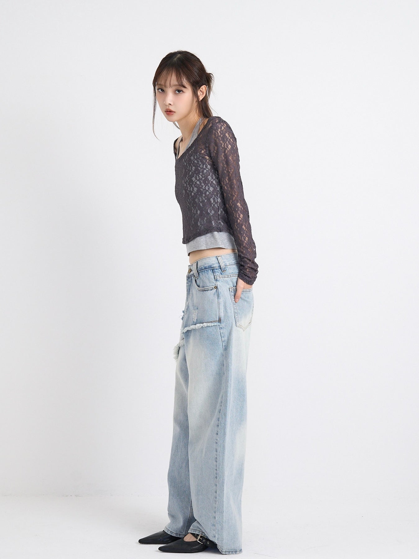 curved panel denim pants