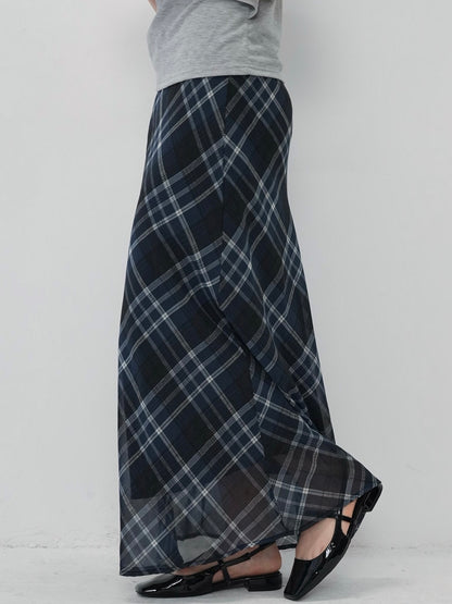 check sheer long skirt