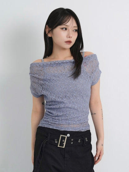 lace shirring off shoulder tops
