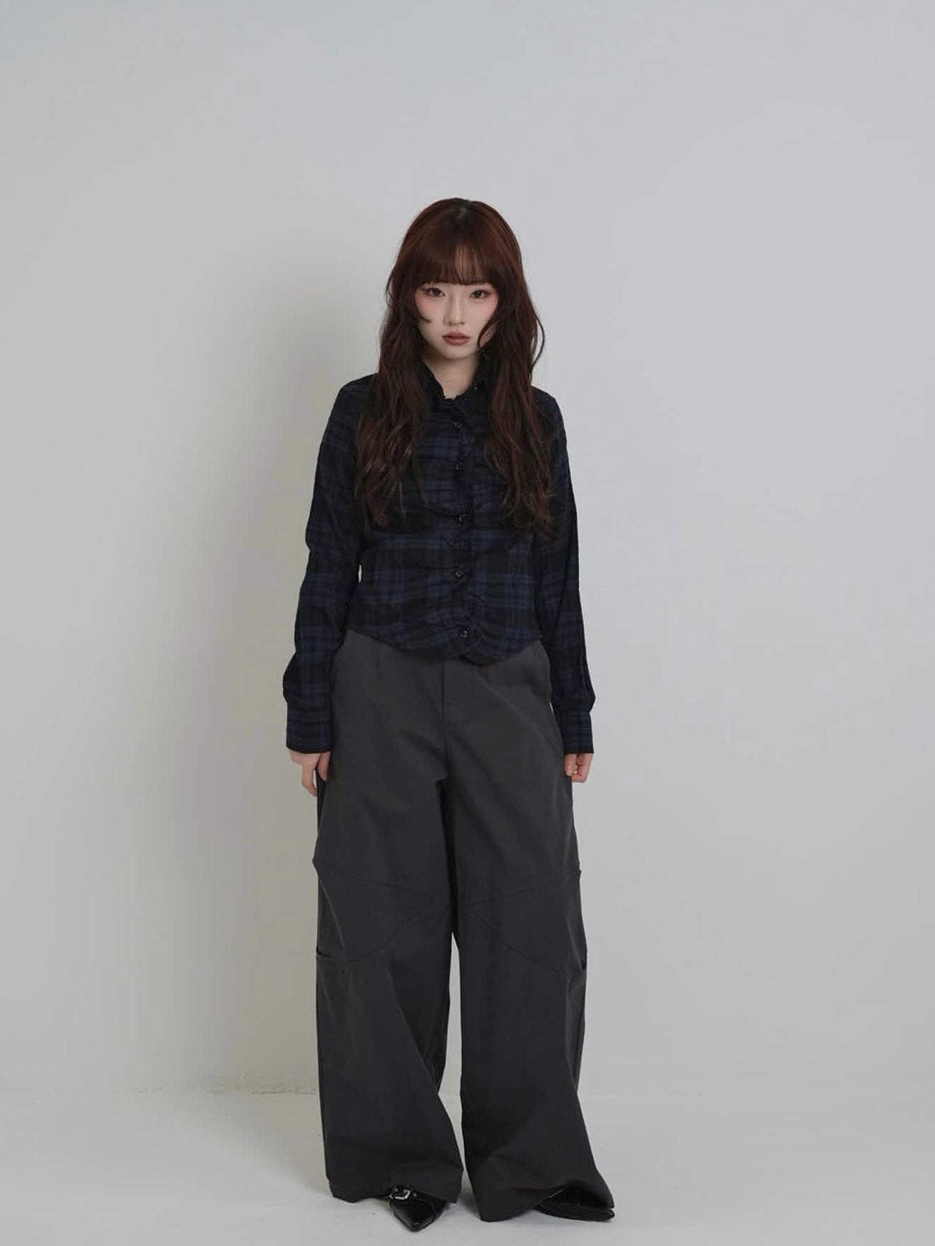 check frill blouse shirt