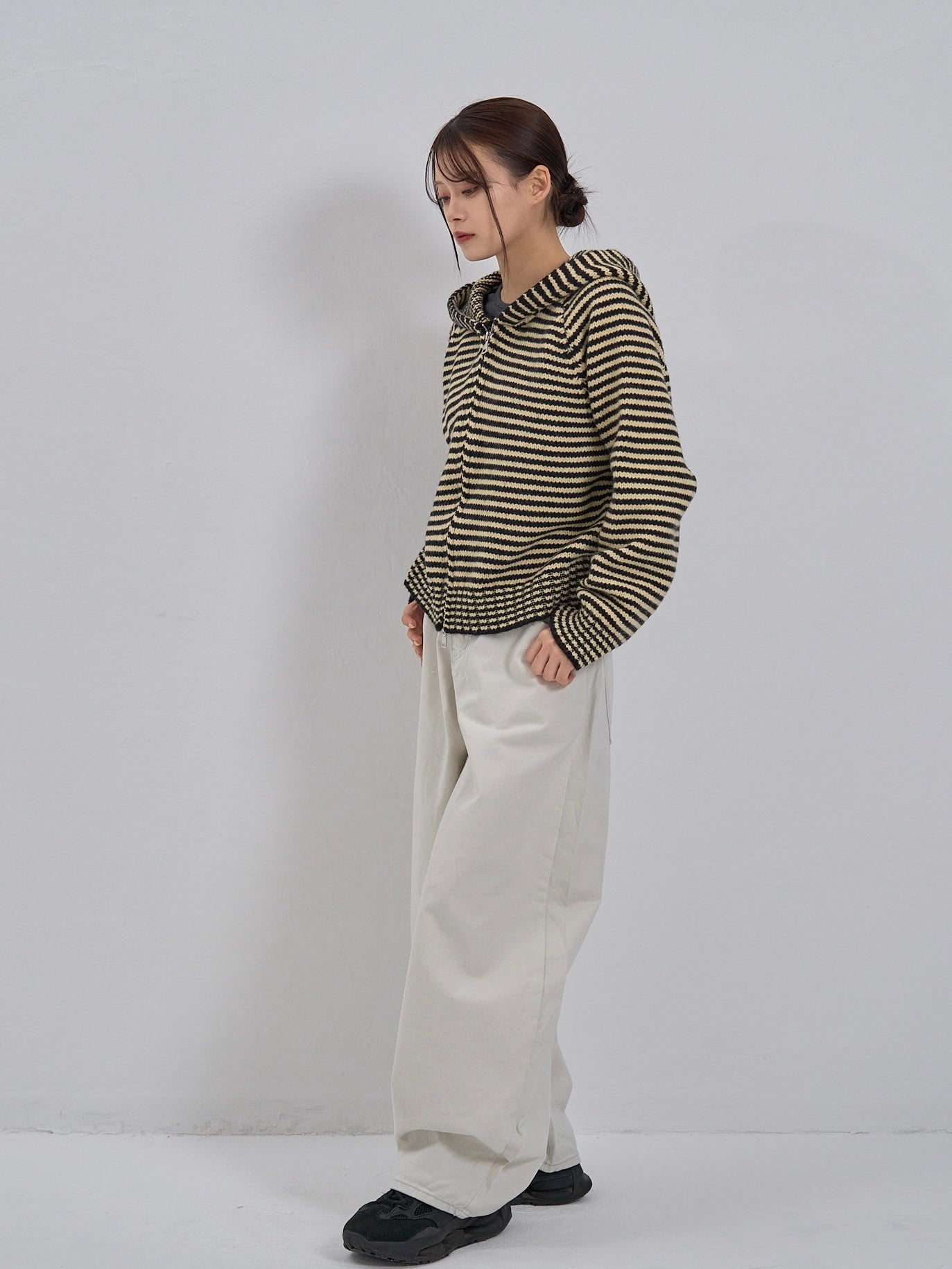 double zip striped knit hoodie