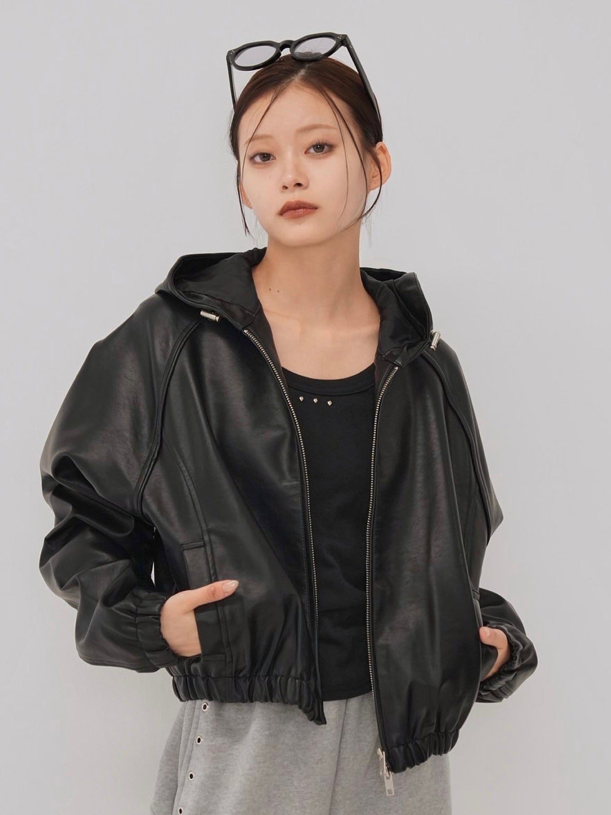 cropped hooded leather jacket
