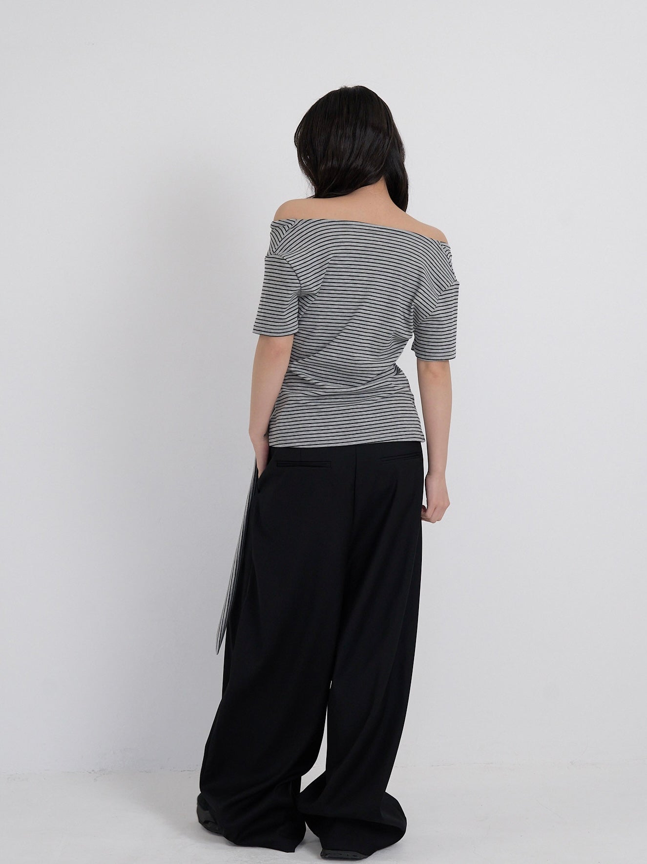 waist tie stripe tops