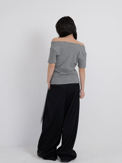 waist tie stripe tops