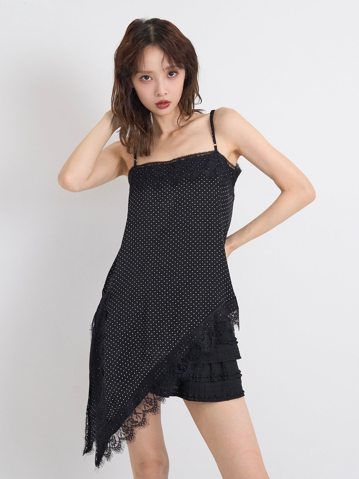 dot lace slip dress