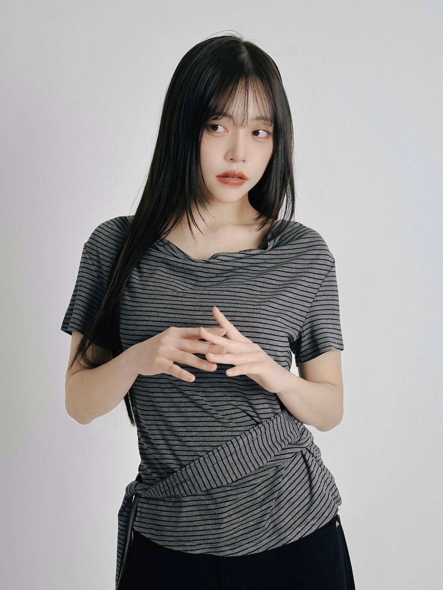 waist tie stripe tops