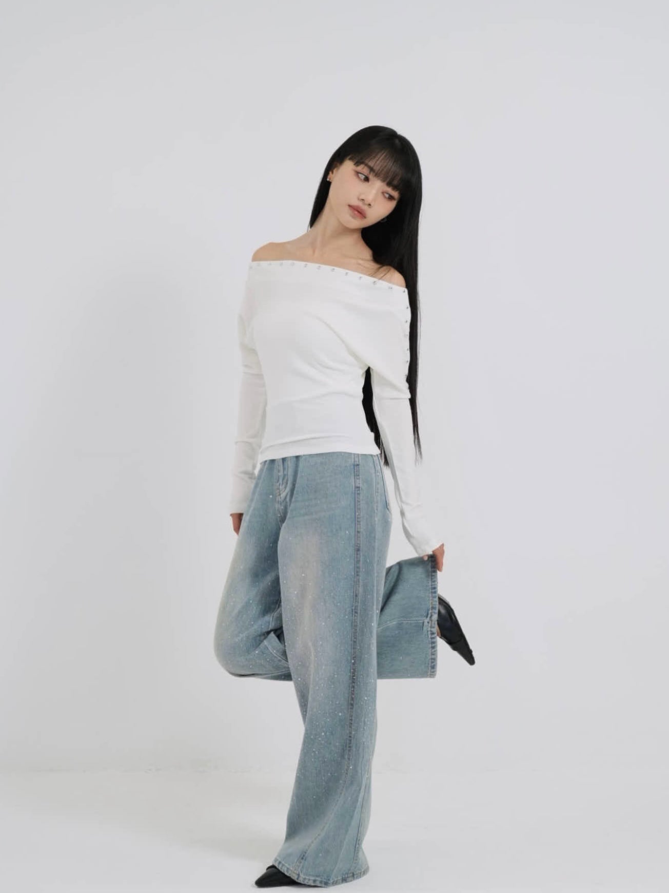 glitter wide denim pants