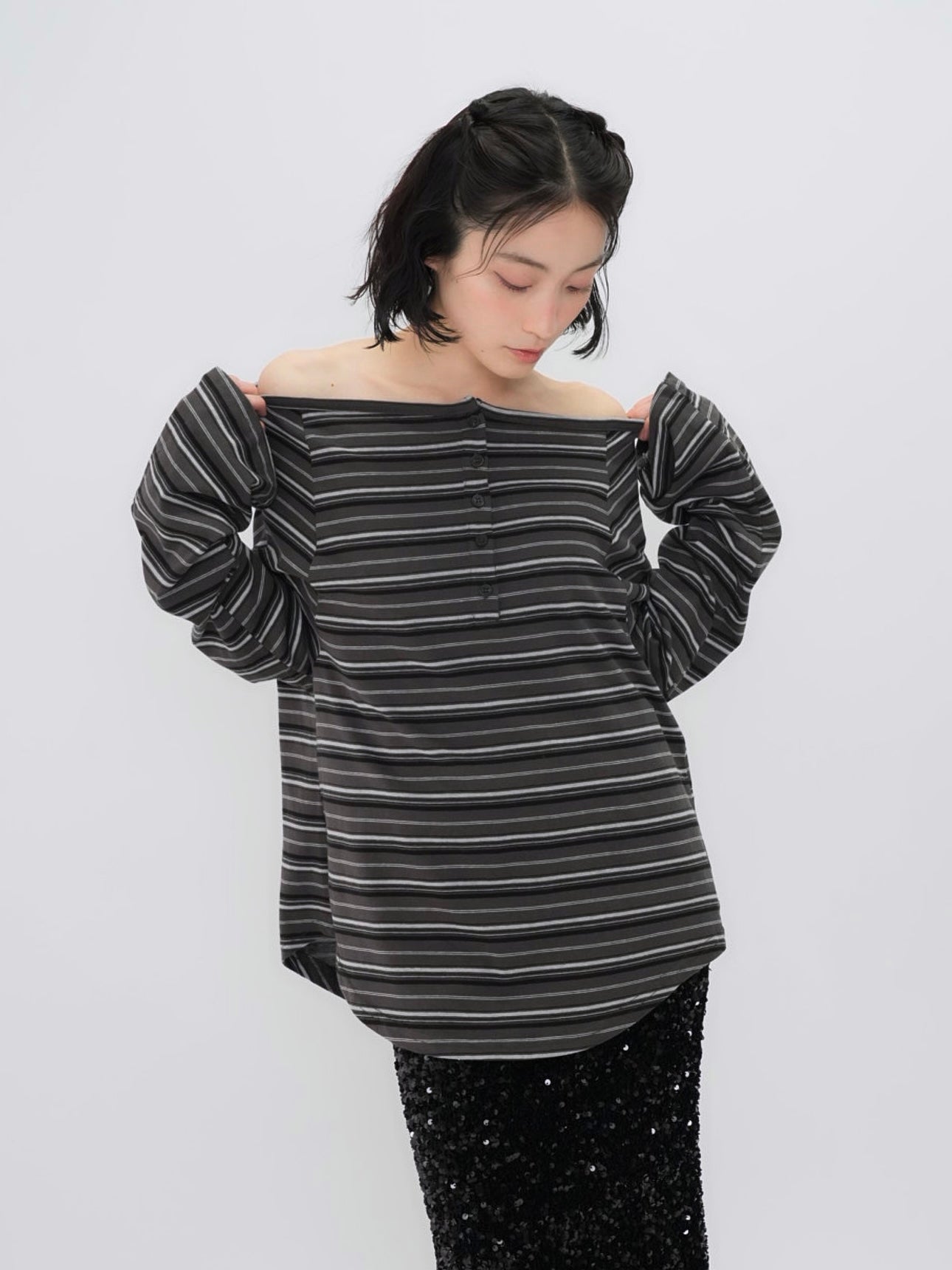 stripe button off shoulder t