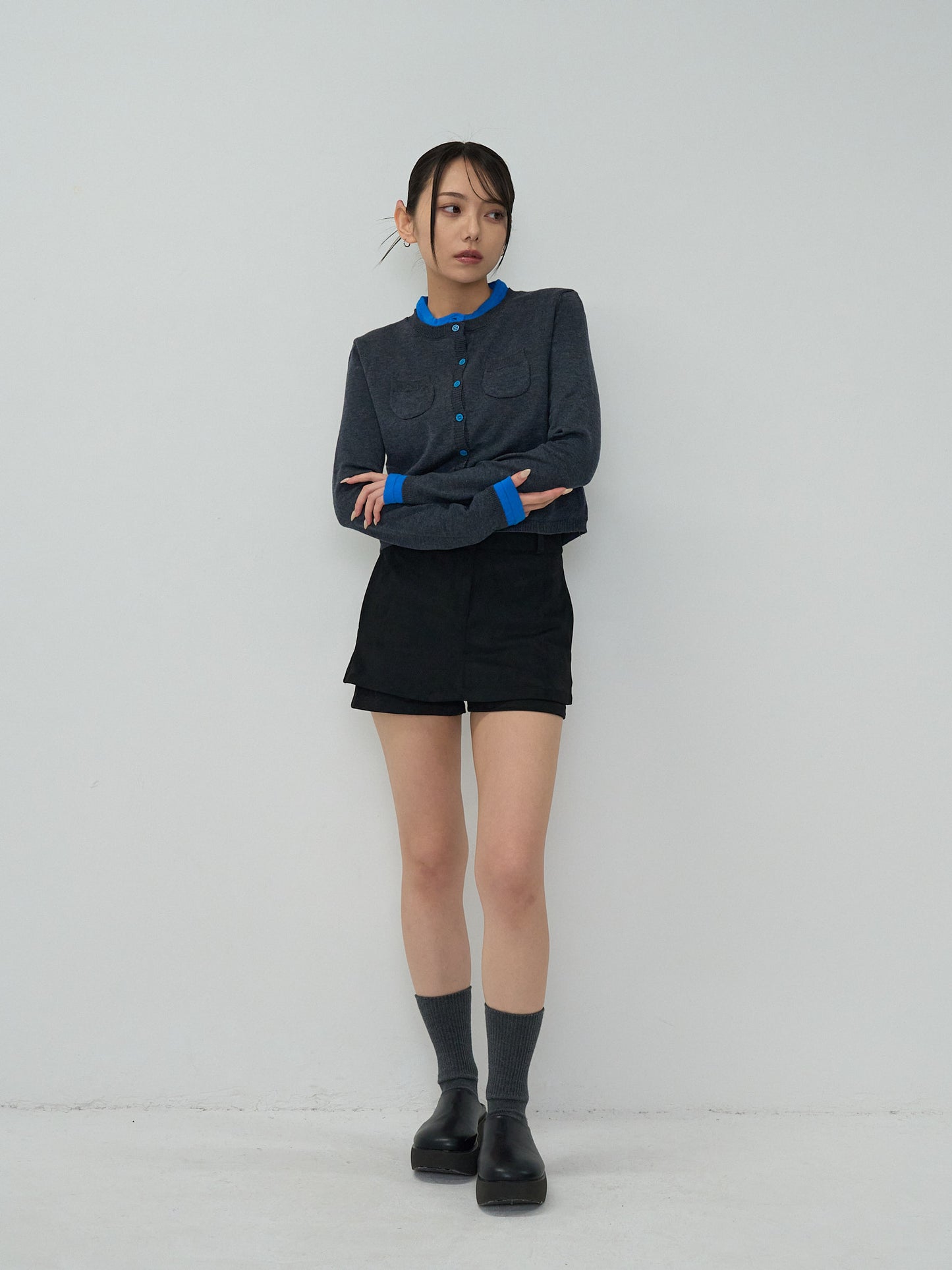 layered crew neck cardigan