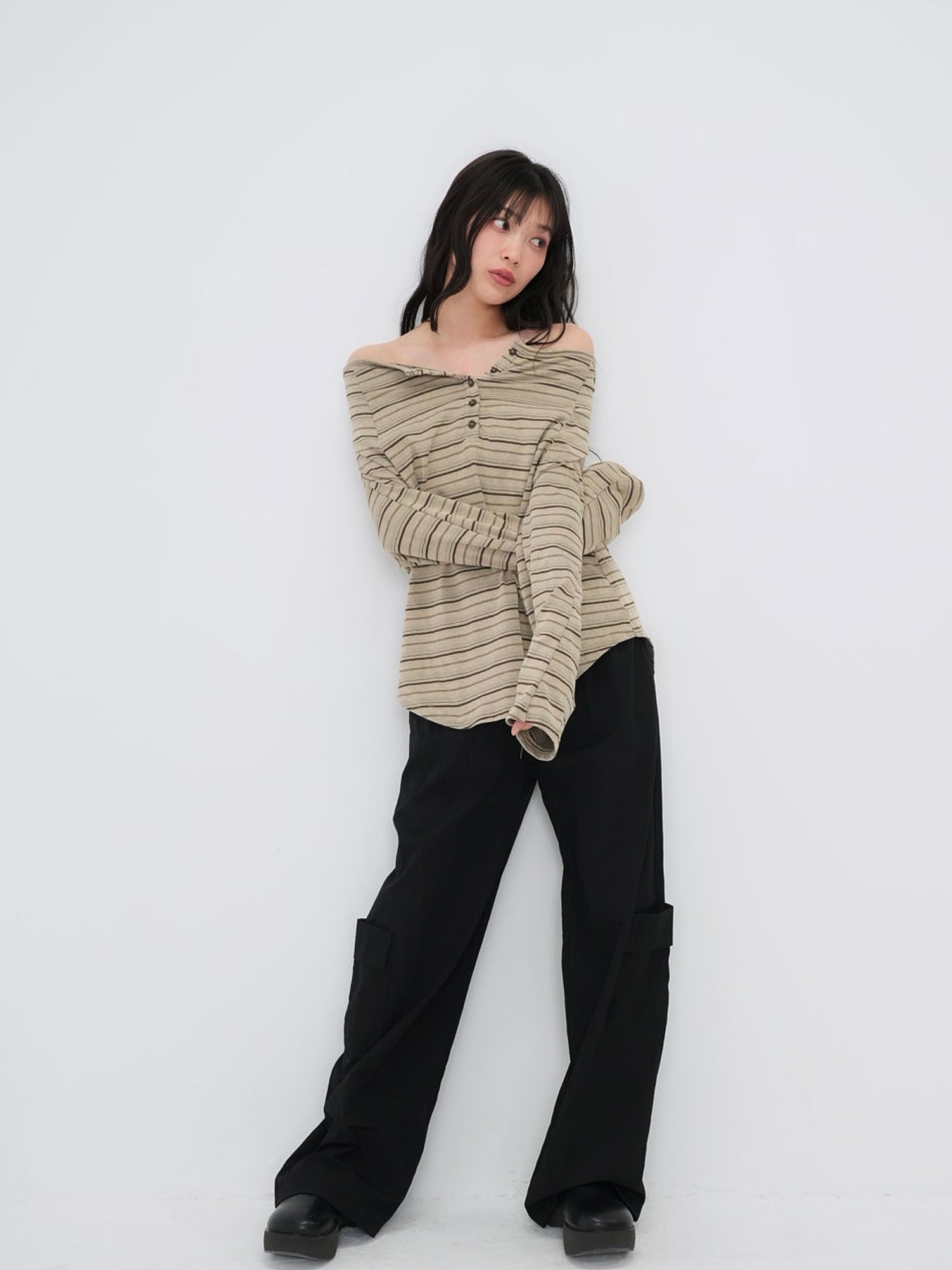 stripe button off shoulder t