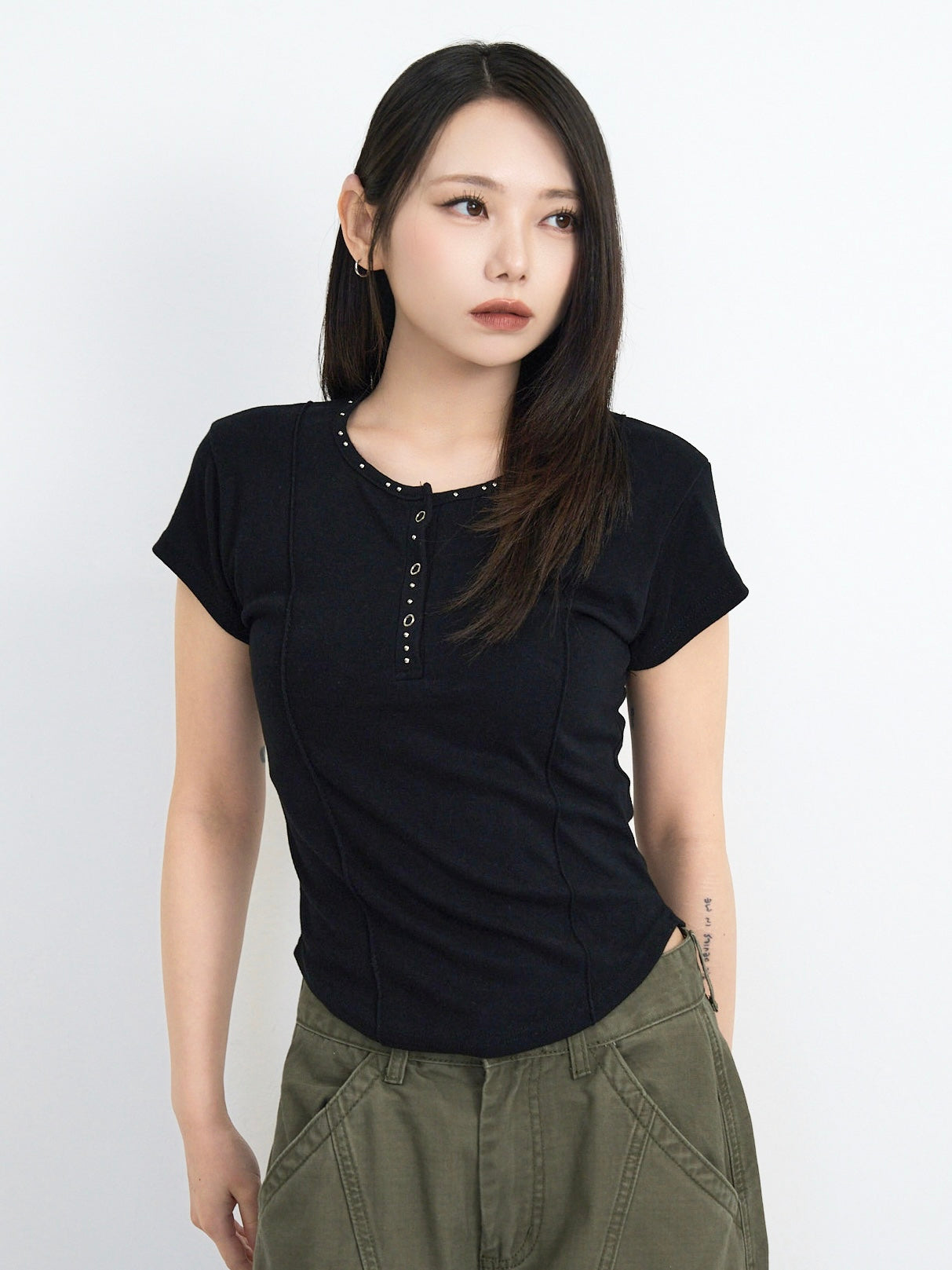 cropped stud henley tops