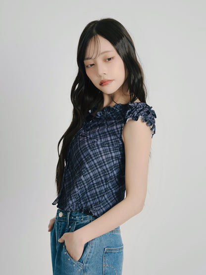 check frill sleeveless blouse