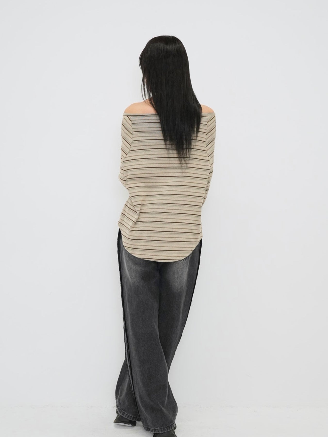 stripe button off shoulder t