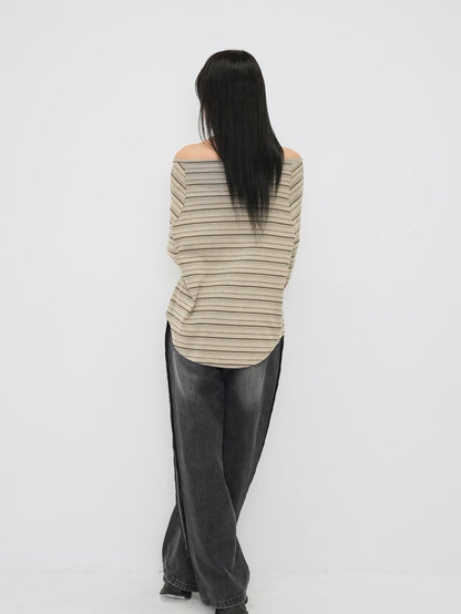 stripe button off shoulder t