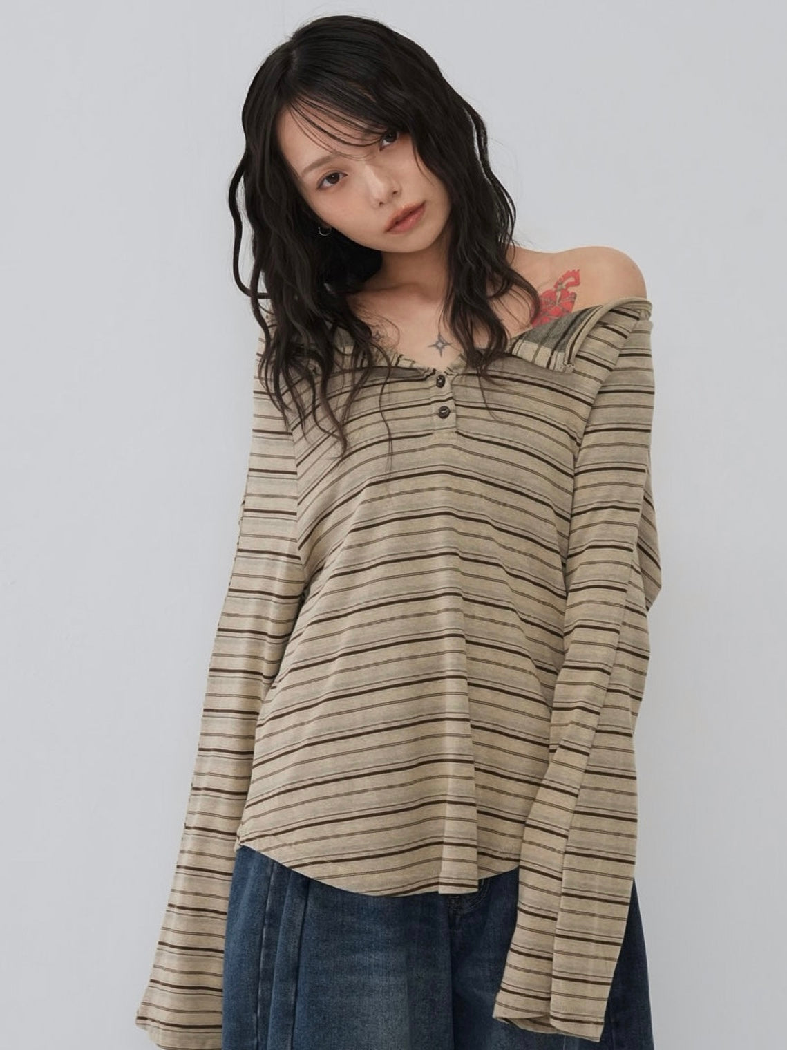 stripe button off shoulder t