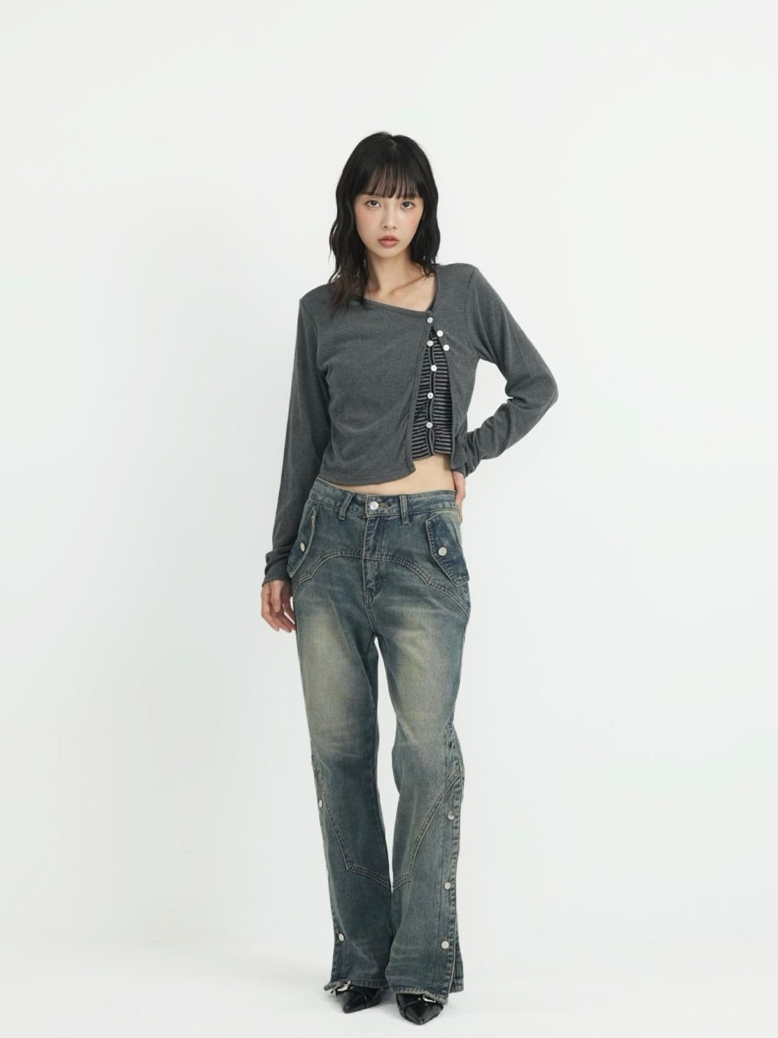 wide slit bootcut denim pants
