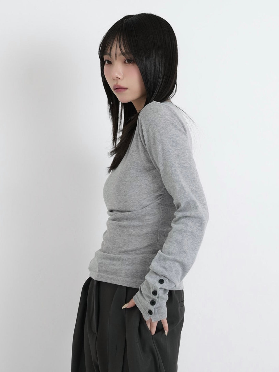 round neck button sleeve tops