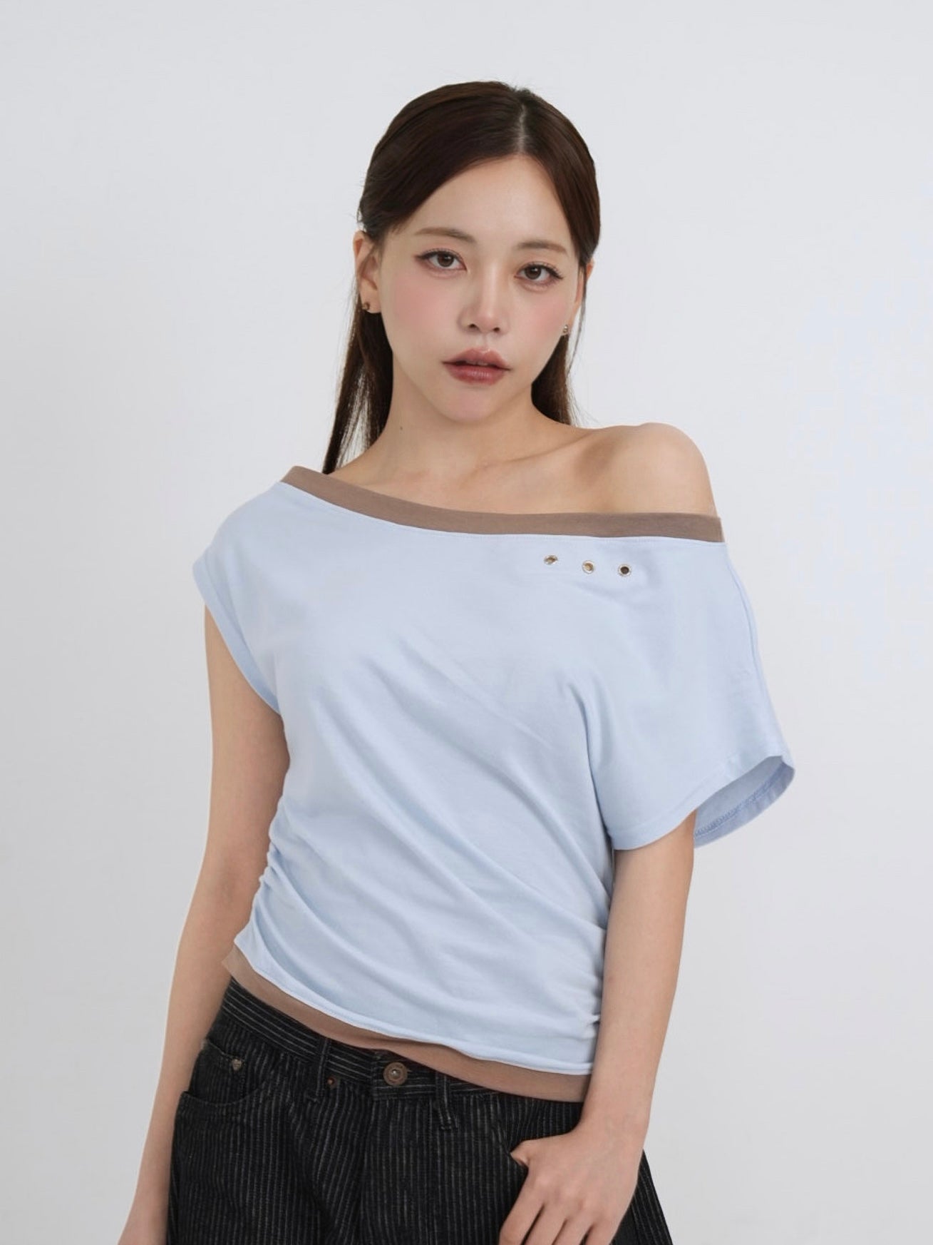 bicolor eyelet off shoulder tops