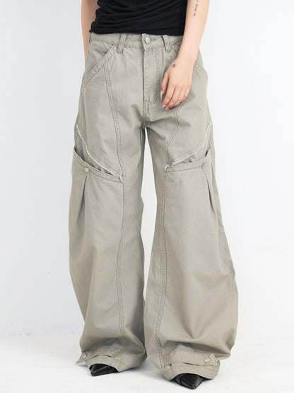 ‫low rise cargo pocket wide pants ‬