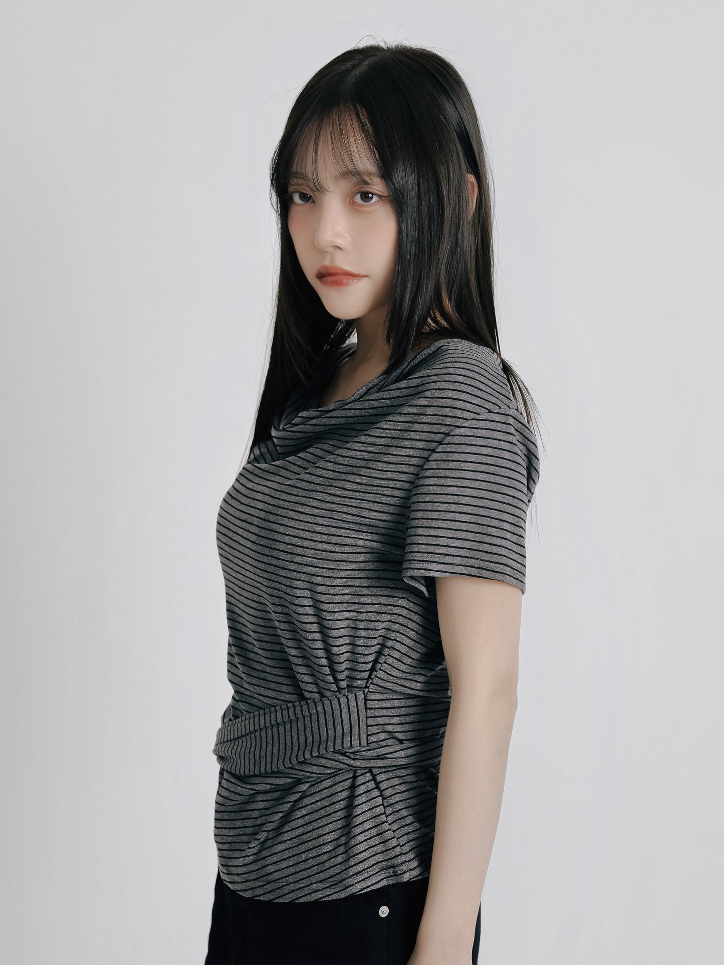 waist tie stripe tops
