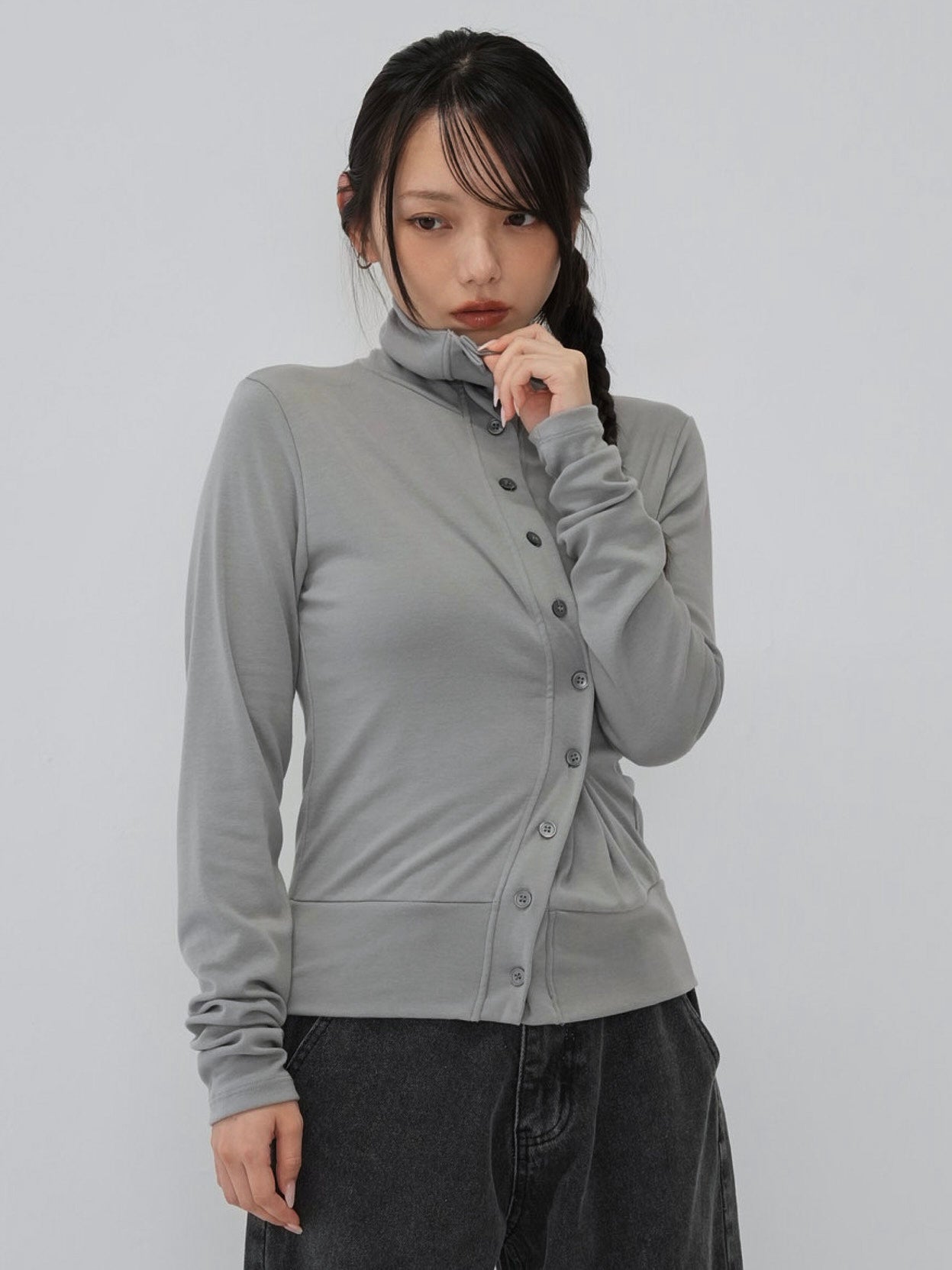 high neck twist button cardigan