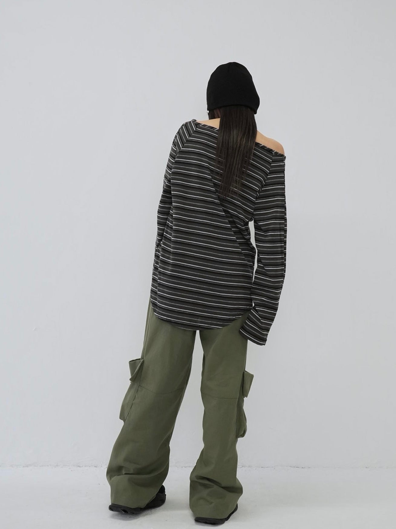 stripe button off shoulder t