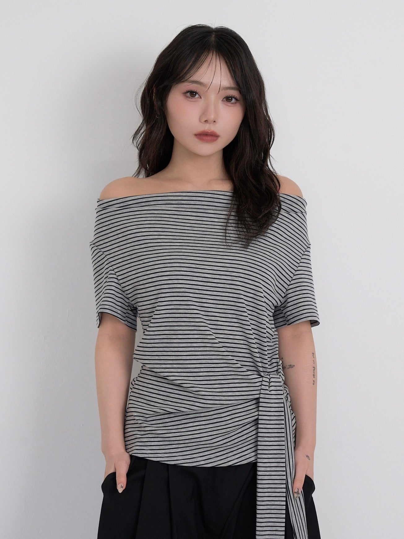 waist tie stripe tops