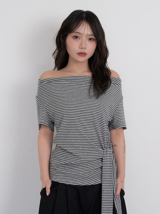 waist tie stripe tops