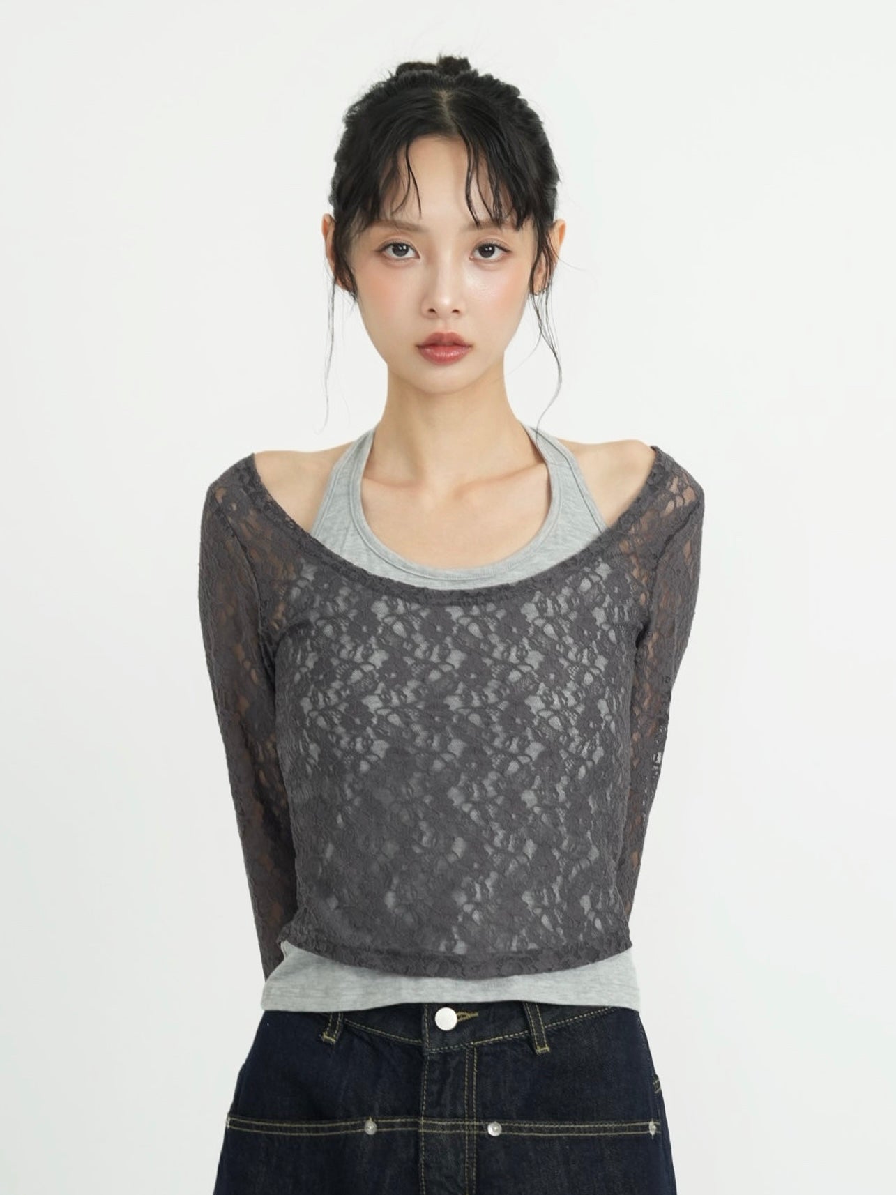layered lace halter tops｜インナーキャミ一体型レースハルター