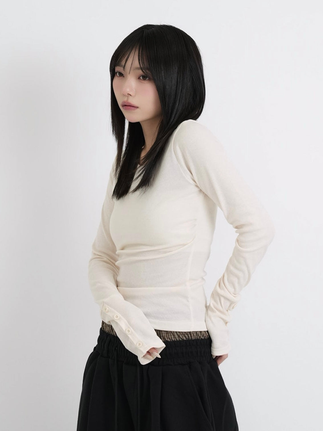 round neck button sleeve tops