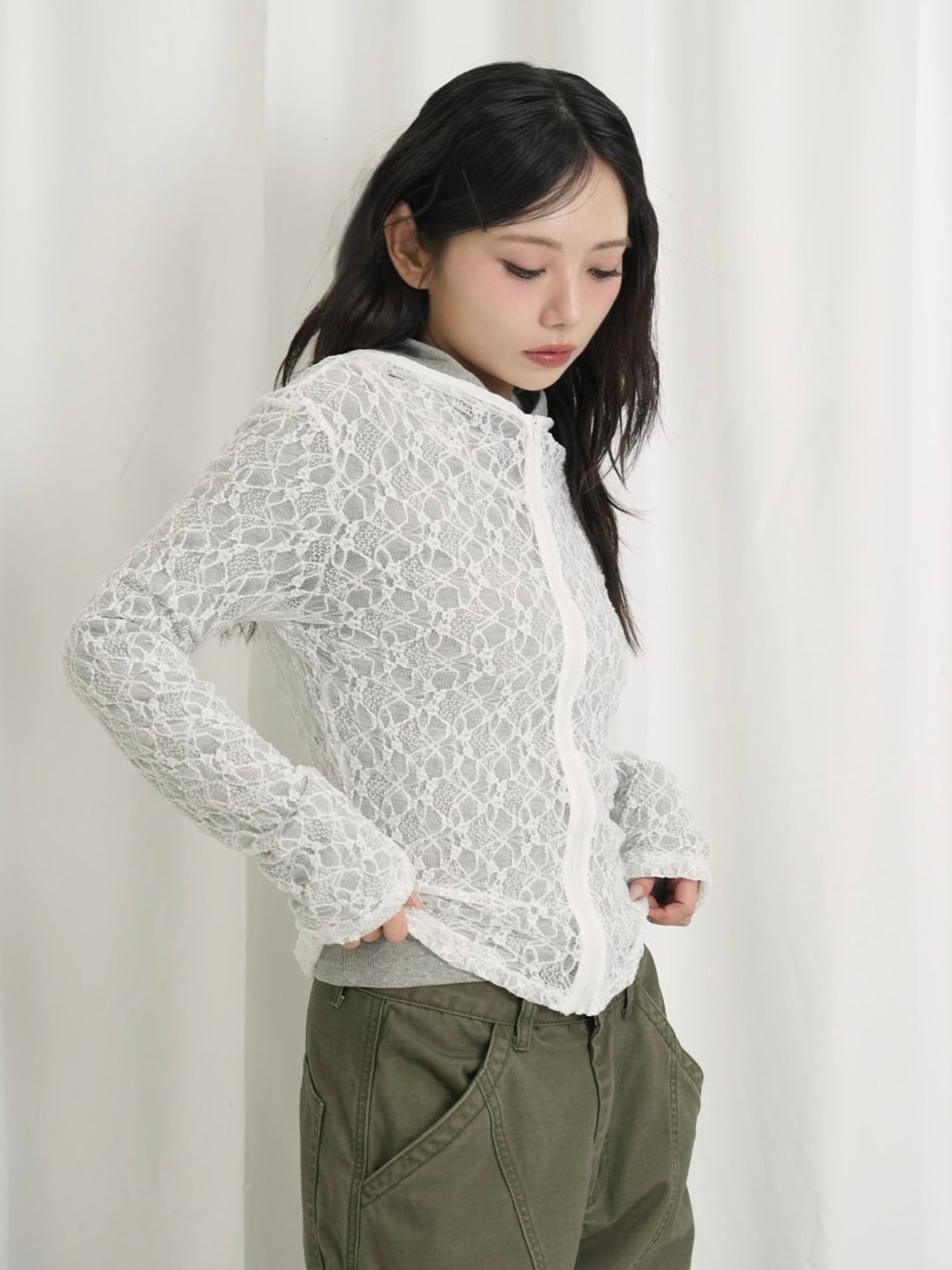 lace zip up tops