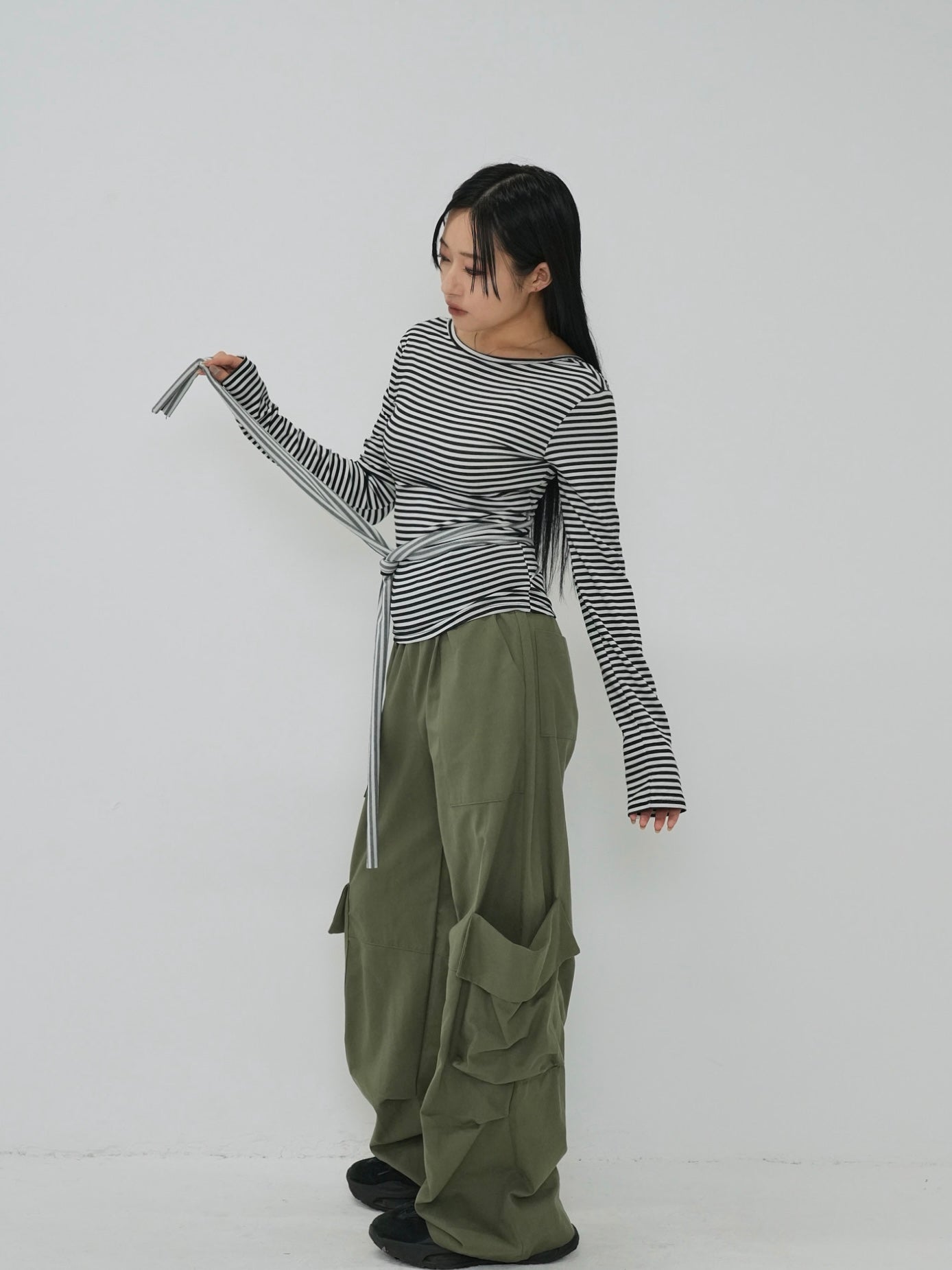 stripe waist wrap tops