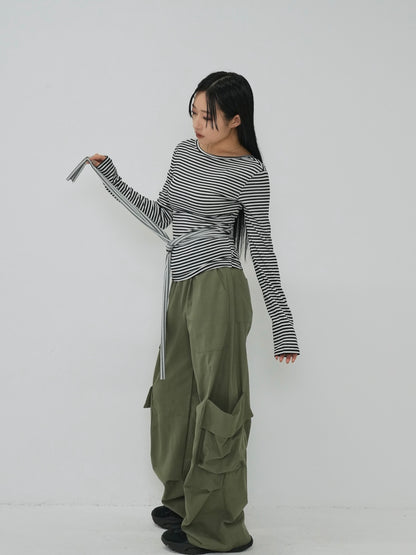 stripe waist wrap tops