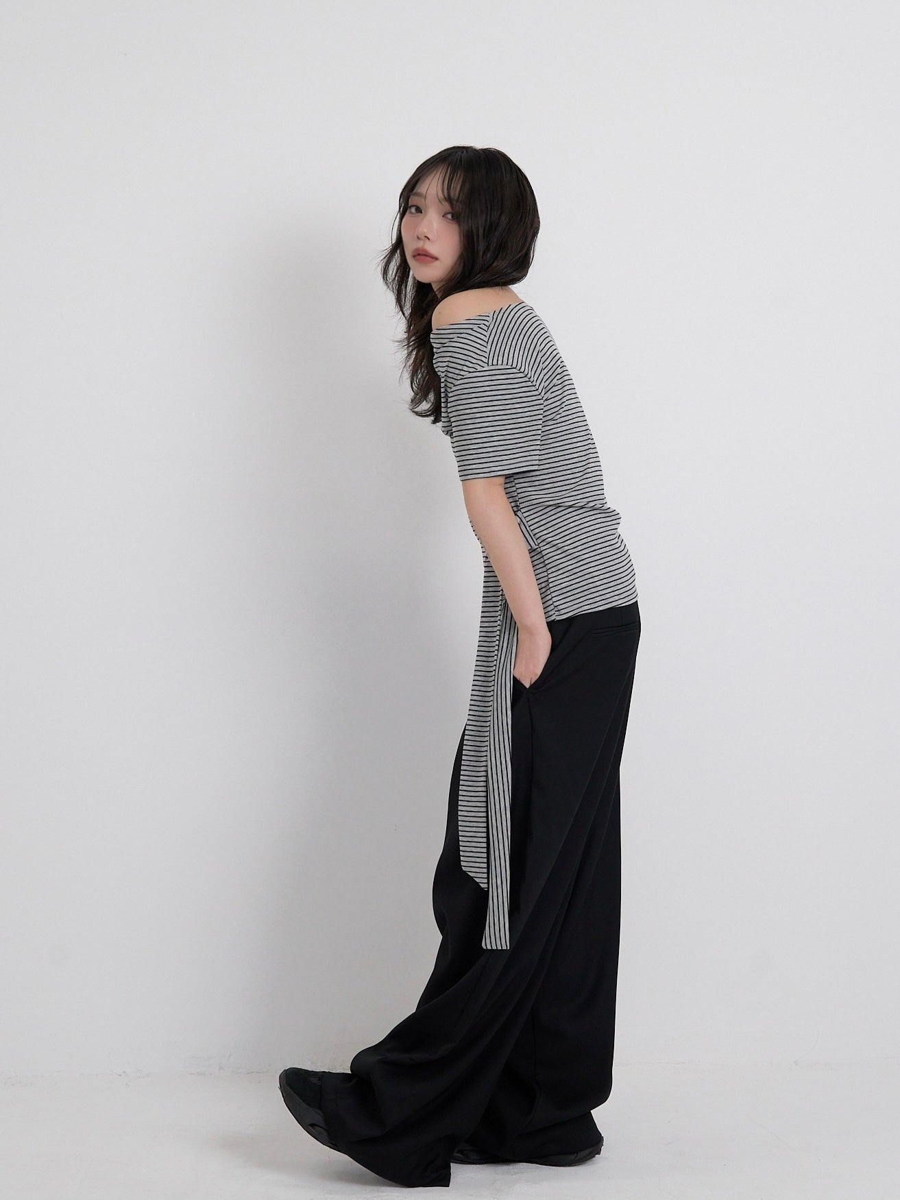 waist tie stripe tops