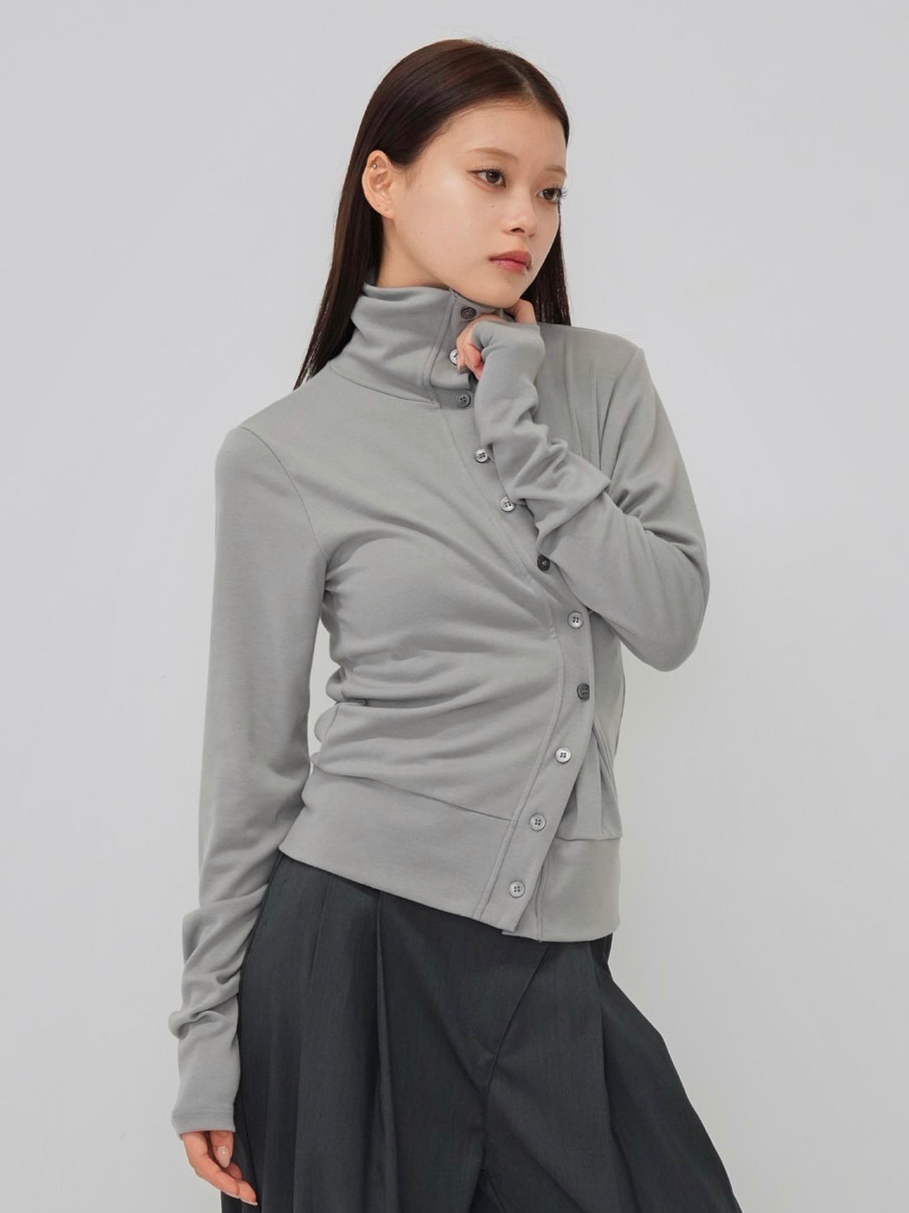 high neck twist button cardigan