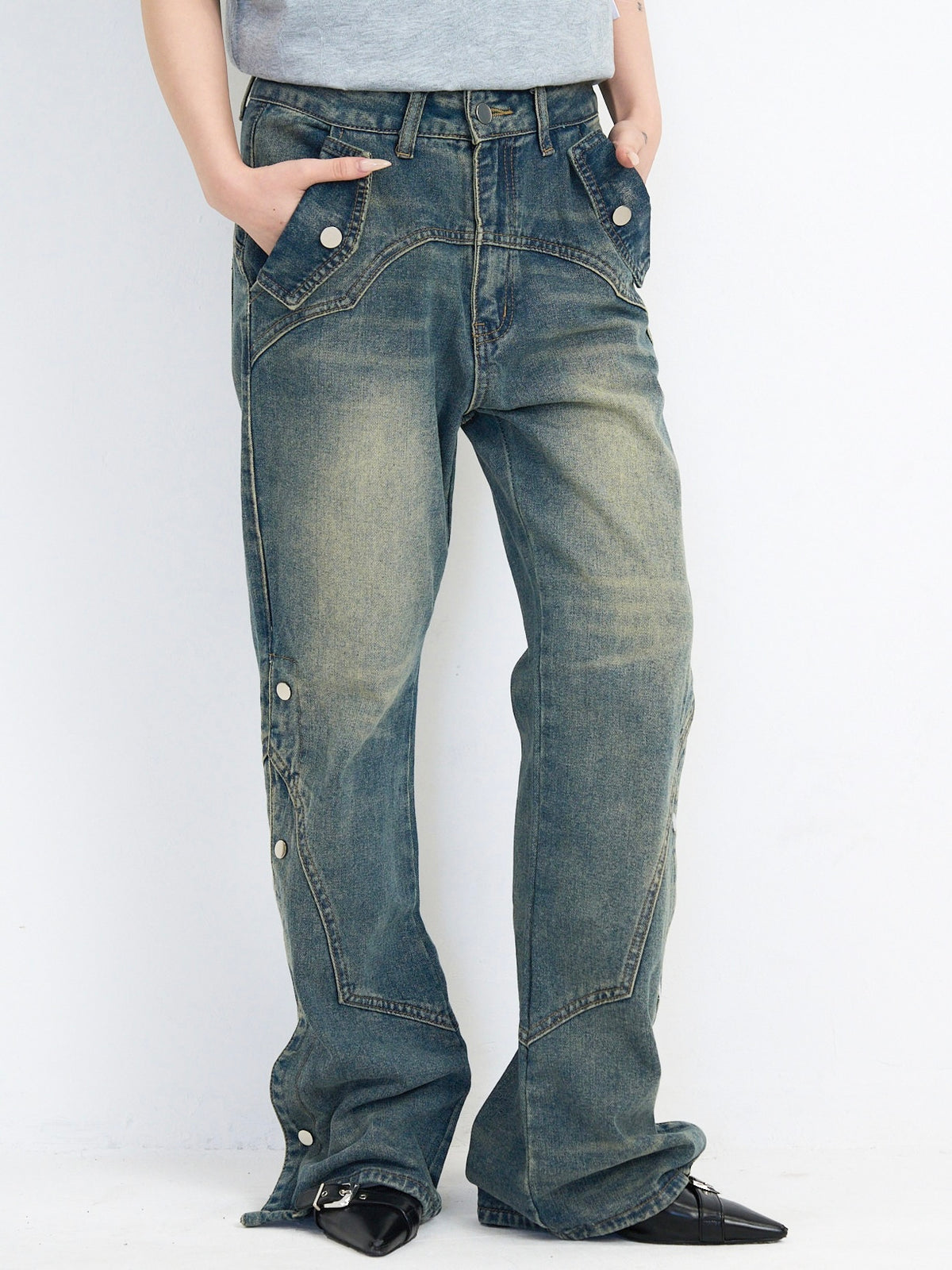wide slit bootcut denim pants
