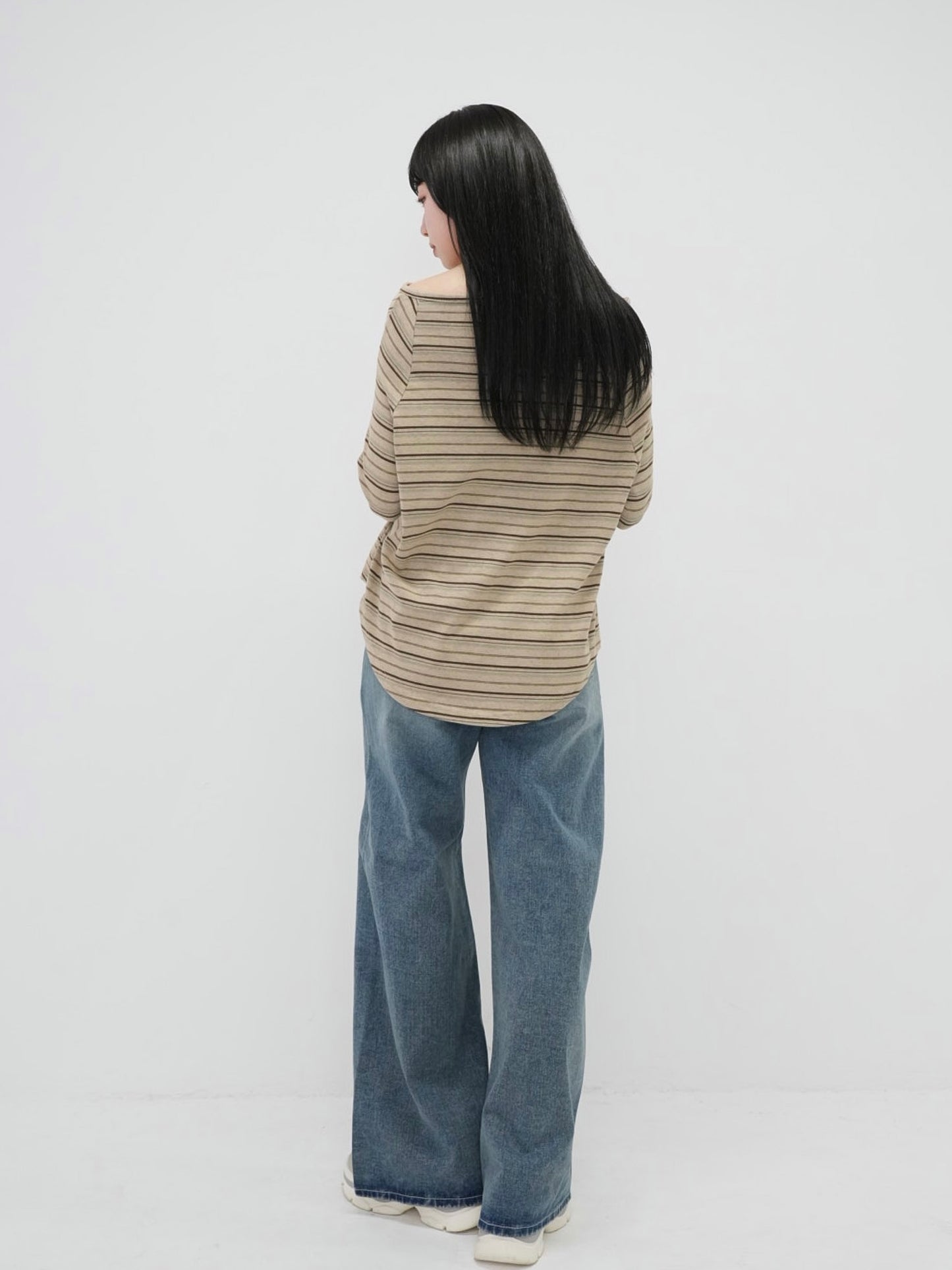 stripe button off shoulder t