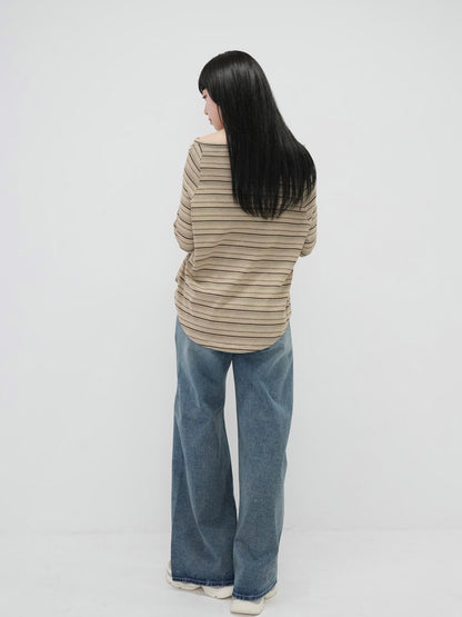 stripe button off shoulder t