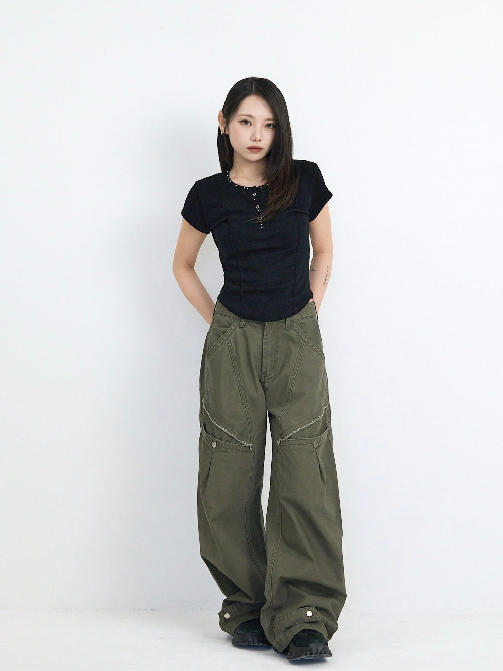 cropped stud henley tops