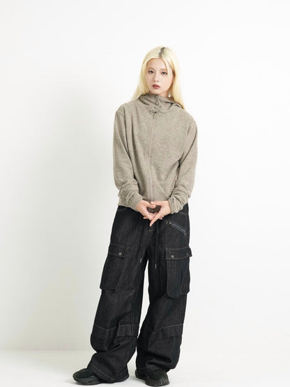 fleece zip button hood tops