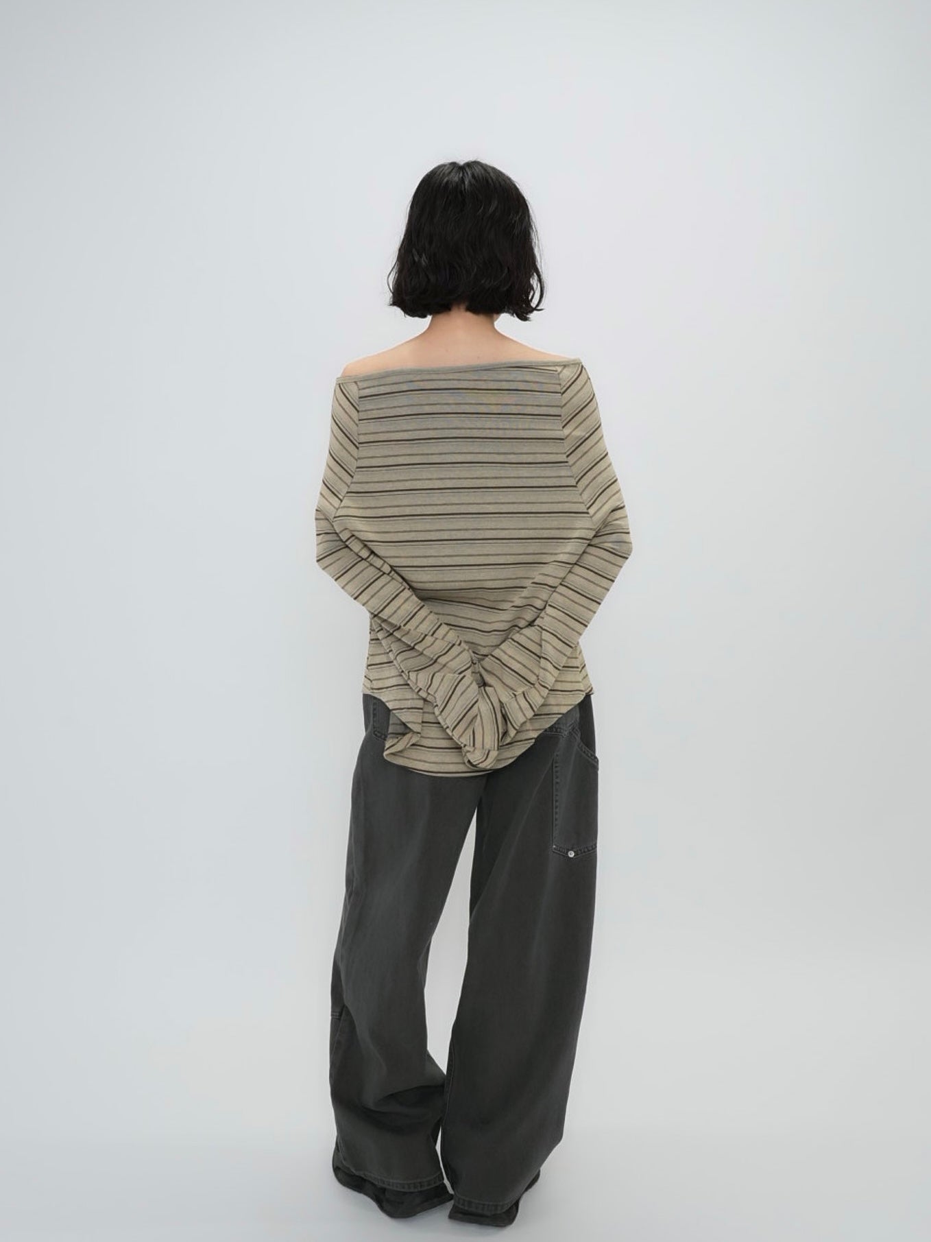 stripe button off shoulder t