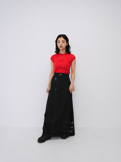 belt long denim skirt