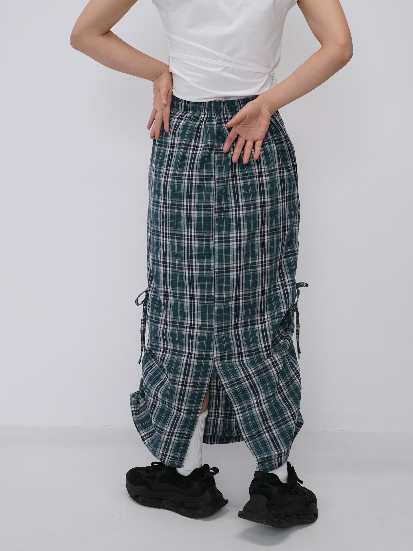 drawstring check skirt