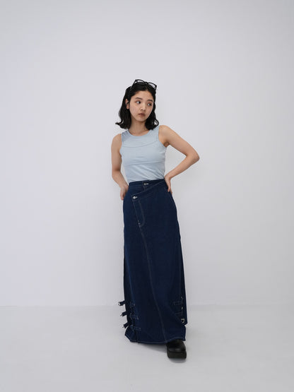 belt long denim skirt