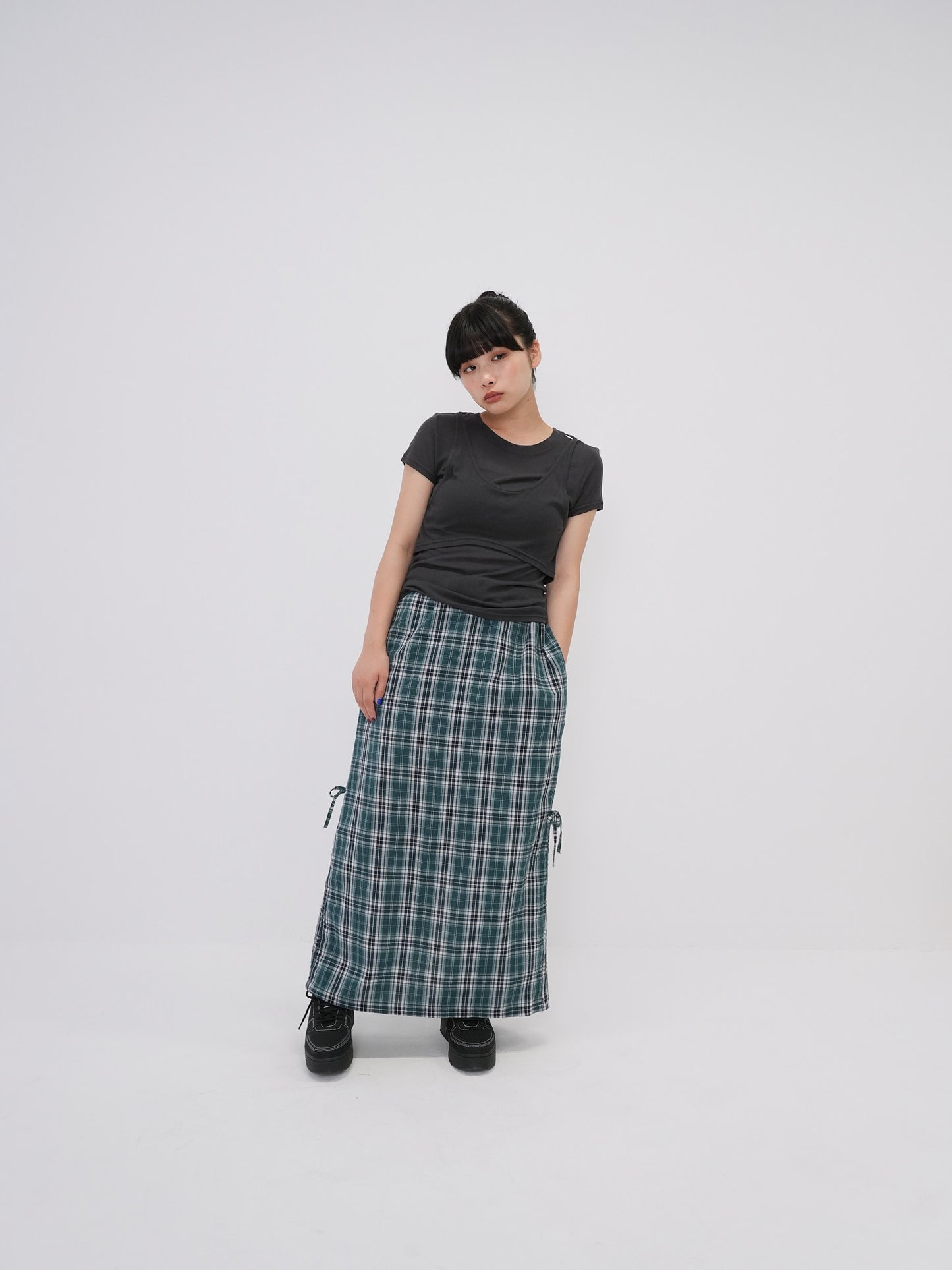 drawstring check skirt