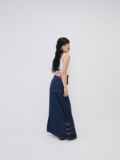 belt long denim skirt